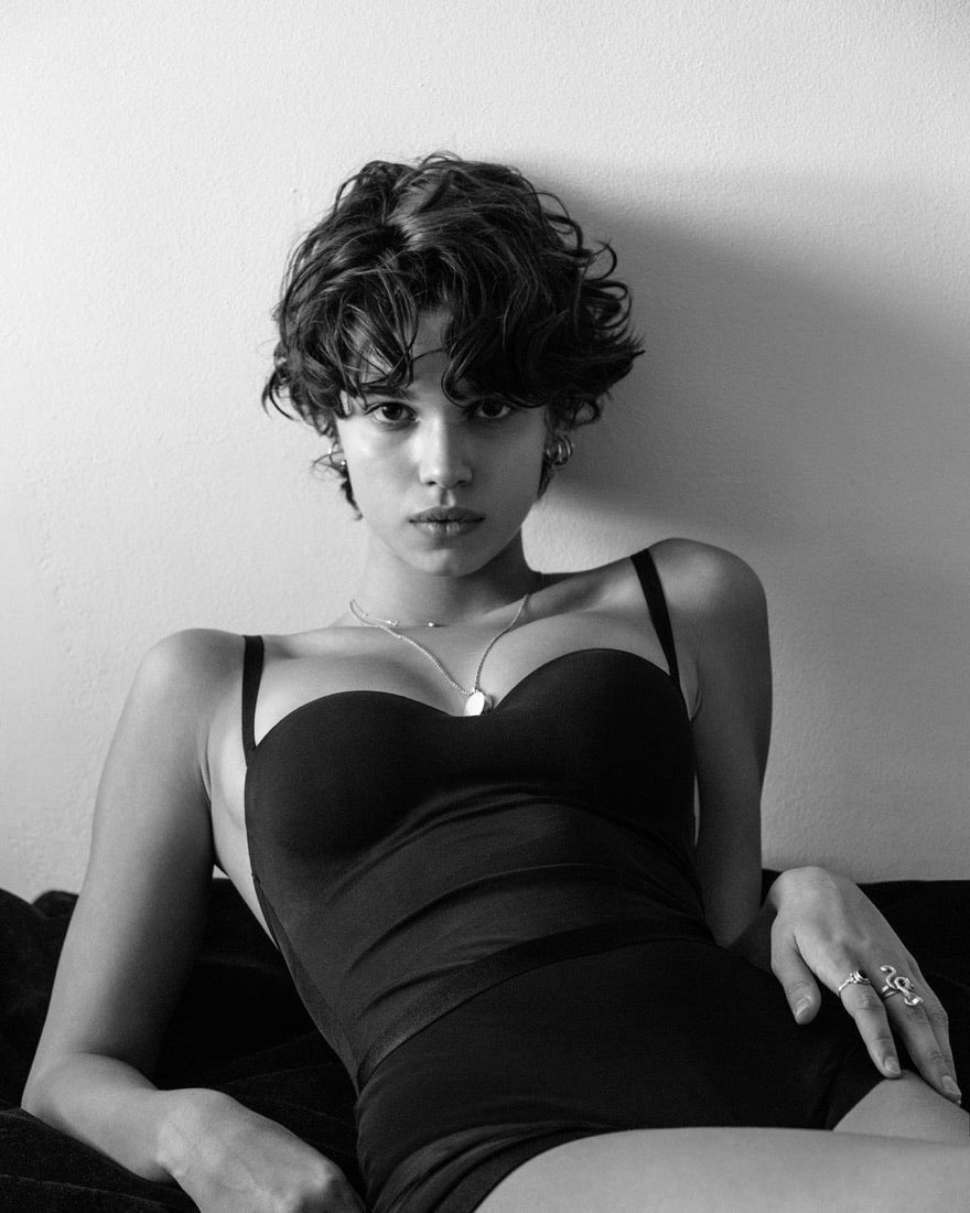 Editorial, curled bangs seated