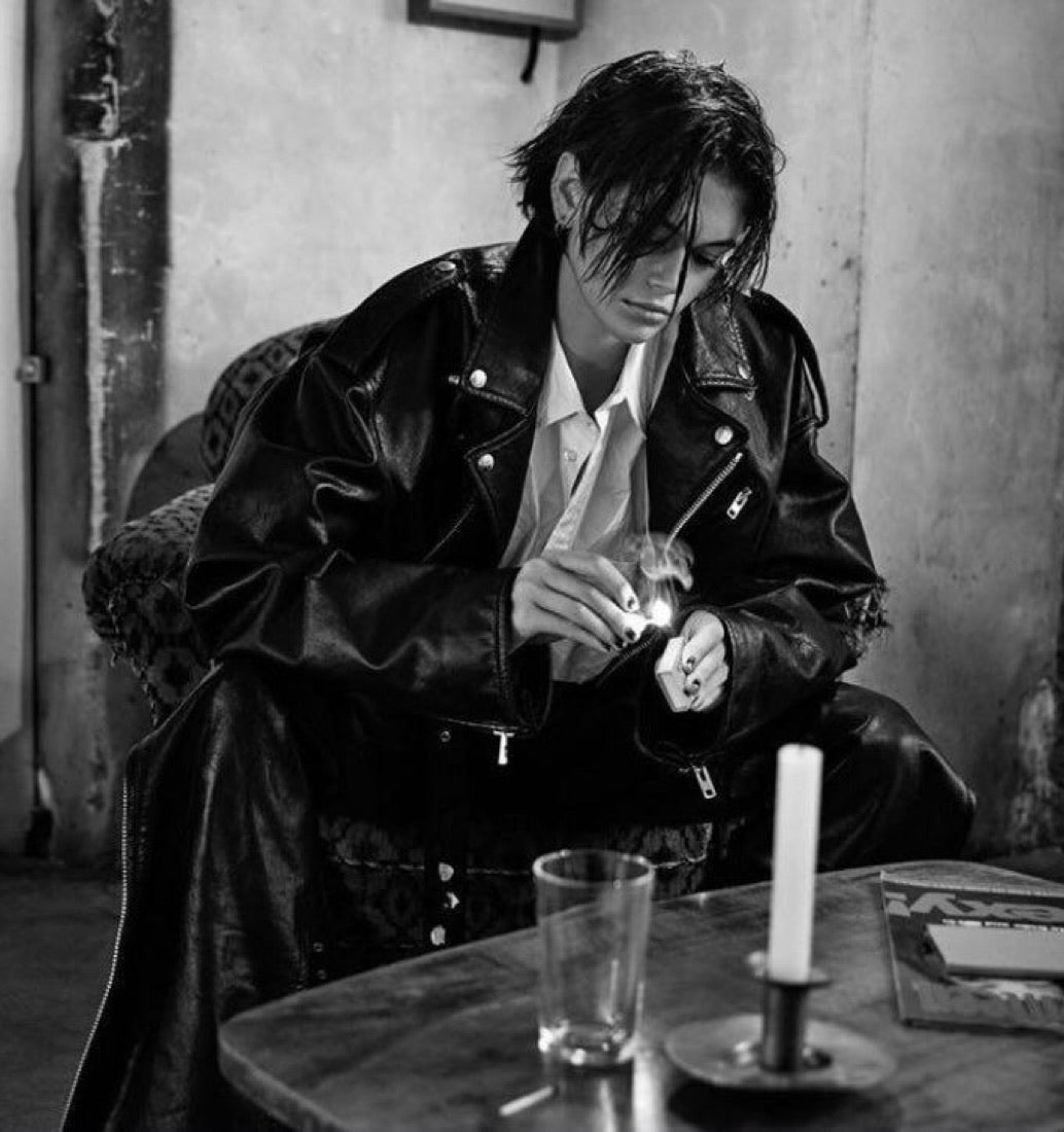Editorial, leather jacket, lighting a cigarette