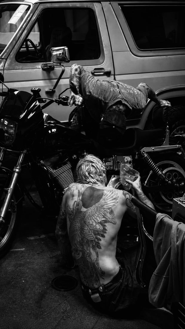 Shirtless, garage, back tattoo