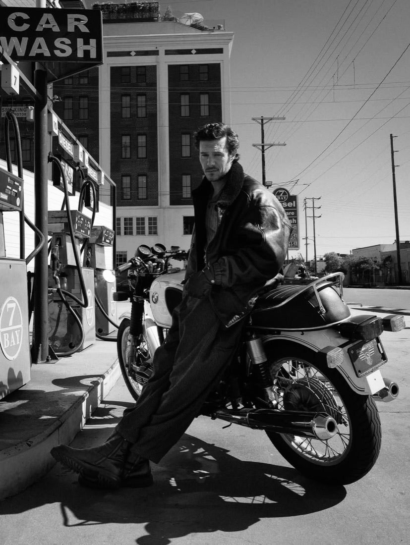 Gas station, leather coat